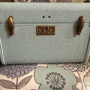 Vintage Light Blue Linen Train Case with Gold Hardware